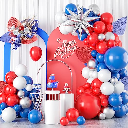 Rote blaue Luftballon Girlande Kit, rote königliche blaue weiße metallische Sliver Ballons Dekorationen mit explodierenden Stern Folienballon für Geburtstag Spinne Superman Themed Party Decor Supplies von GRESATEK