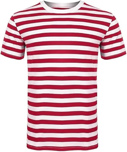 GREY LOOK Entdecker-Kostüm für Erwachsene, Unisex, Rot/Weiß, gestreift, T-Shirt, Hut, Brille, OTK, Beinwärmer, Schal für Buchwoche, Set (1 T-Shirt, Rot/Weiß, 7–8 Jahre) von GREY LOOK