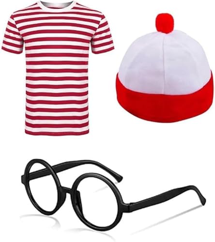 GREY LOOK Entdecker-Kostüm für Erwachsene, Unisex, Rot/Weiß, gestreift, T-Shirt, Hut, Brille, OTK, Beinwärmer, Schal für Buchwoche, Set (3 T-Shirts + Hut + Brille, 5–6 Jahre) von GREY LOOK