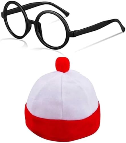 GREY LOOK Erwachsenenkostüm "Find Me if You Can", Unisex, rot/weiß gestreift, T-Shirt, Hut, Brille, OTK, Beinwärmer, Schal für Buchwoche, Set (2 Stück Hut + Brille, Einheitsgröße) von GREY LOOK