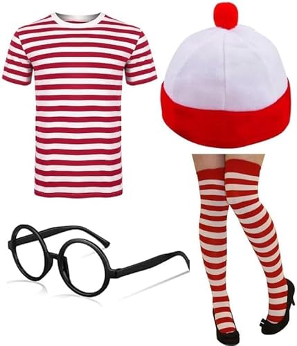 GREY LOOK Explorer-Kostüm für Erwachsene, Motiv: Find Me if You Can, Unisex, rot/weiß gestreift, T-Shirt, Hut, Brille, OTK, Beinwärmer, Schal für Buchwoche, Set (4 Stück T-Shirts + Hut + Brille + Otk GREY LOOK Explorer-Kostüm für Erwachsene, Motiv: Find Me if You Can, Unisex, rot/weiß gestreift, T-Shirt, Hut, Brille, OTK, Beinwärmer, Schal für Buchwoche, Set (4 Stück T-Shirts + Hut + Brille + Otk von GREY LOOK