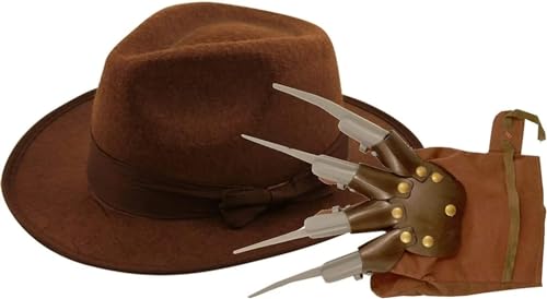 GREY LOOK Freddy Krueger Horror-Kostüm für Herren, Halloween-Kostüm, Albtraum auf Elm Street, Pullover mit Hut und Krallenhandschuhen, 2-teiliges Set (Hut + Handschuh), Einheitsgröße) von GREY LOOK