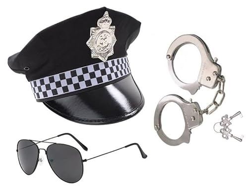 GREY LOOK Polizisten-Kostüm für Erwachsene und Herren, Polizeimütze, Handschellen, Brille, Polizeistab und Abzeichen, Polizistin mit Schirmmütze (Polizeimütze, Brille und Handschellen) von GREY LOOK