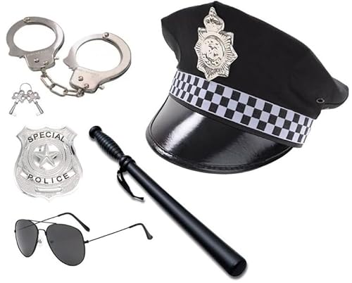 GREY LOOK Polizisten-Kostüm für Erwachsene und Herren, Polizeimütze, Handschellen, Brille, Polizistenstab und Abzeichen, Polizeimütze, Polizeimütze, Brille, Stab und Abzeichen von GREY LOOK