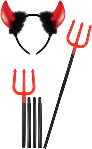 GREY LOOK Roter Teufelshörner für Erwachsene, Haarreif + Teufelsgabel-Dreizack – Halloween Verkleidung Cosplay Outfit Zubehör (Teufelsgabel + Teufelshörner) von GREY LOOK