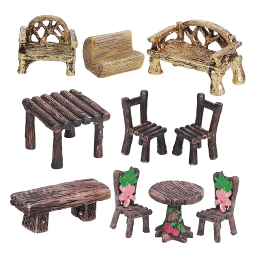 GRIRIW 10 Stück Teiliges Miniatur Gartenmöbel aus Langlebigem Harz Rustikale Mikro Landschaft Dekoration mit Verschiedenen Tischen und Stühlen Vielseitig für Puppenhäuser Terrarien und von GRIRIW
