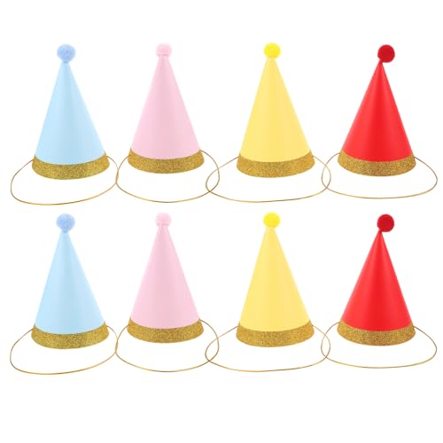 GRIRIW 8 Stück Partyhüte in Papierkegelform für Kindergeburtstage, Hüte mit Pompons für kleine Hunde und Katzen, lustige bunte Kappen, für Haustierfeiern, Erwachsene, Feiertagsveranstaltungen von GRIRIW