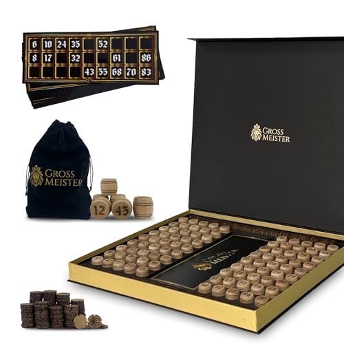 GROSS MEISTER® Handgefertigtes Premium Lotto Spiel aus Holz – Klassisches Bingo-Set mit nummerierten Holzfässern & Spielkarten – Gesellschaftsspiel für Kinder & Erwachsene – Familienspiel & Lernspiel von GROSS MEISTER