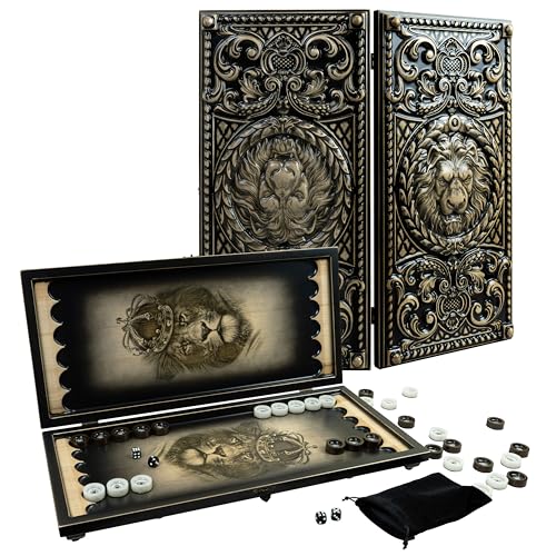 GROSS MEISTER® Premium Backgammon Holz mit Löwen-Design und Spielsteinen aus Epoxidharz - Handgefertigtes Backgammon Spiel - Hochwertiges Koffer aus Holz mit Spielsteinen von GROSS MEISTER