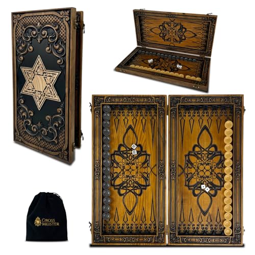 GROSS MEISTER Backgammon aus Eschenholz – Davidstern Gravur – 48×23 cm – Handgefertigtes Set mit Epoxid-Spielsteinen – Geschenkidee für Kenner „Davidstern“ (2 Design) von GROSS MEISTER