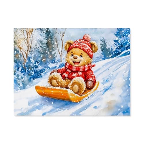 1000 Stück Puzzle，Teddy rodelt mit Schlitten im Winter，Erwachsene Holz Puzzles, Kinder Entdecken Sie Kreativität Wandkunst Dekor Spielzeug（75x50cm）-AH100 von GSBRSNTS