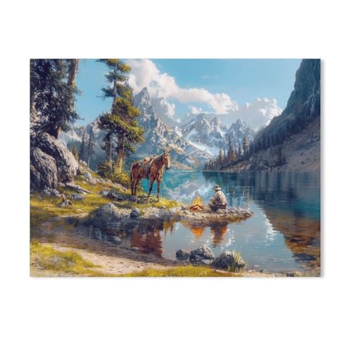 1000 Teile Puzzle Für Erwachsene Und Kinder，Westernreiter am Lagerfeuer am See，Stressabbau Herausforderung Bodenpuzzle DIY Home Wanddekoration（38x26cm）-AA80 von GSBRSNTS