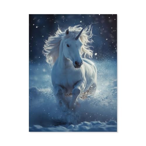 EIN weißes Einhorn im blauen Schneetanz，Puzzles für Erwachsene 1000 Teile, Klassische Puzzle Puzzle Schwierig für Erwachsene Teenager Freizeit Spaß Spiel Spielzeug （38x26cm）-AG8 von GSBRSNTS