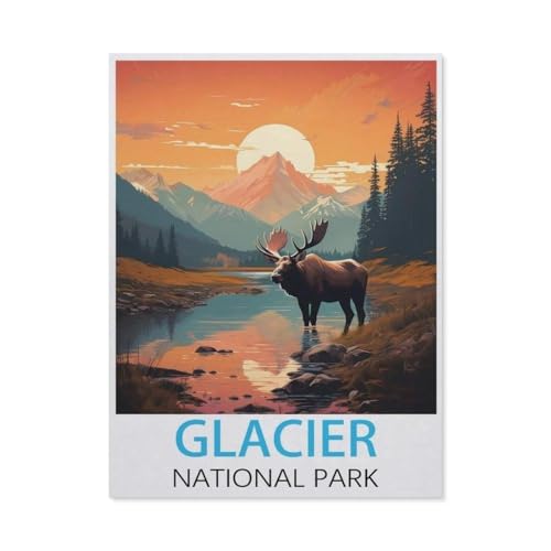 Erwachsene und Kinder Puzzle 1000 Teile Puzzle，Glacier-Nationalpark Vintage-Reiseposter，einfaches Puzzlespiel Rollenpuzzle Lernspiel Spielzeug Familie Dekoration（75x50cm）-L73 von GSBRSNTS