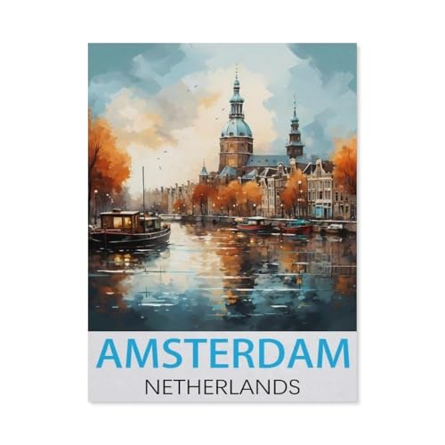 Holz Jigsaw Puzzle 1000 Stück，Amsterdam, Niederlande Vintage-Reiseposter，Erwachsene Kinder Spielzeug Dekompressionsspiel（75x50cm）-J63 von GSBRSNTS