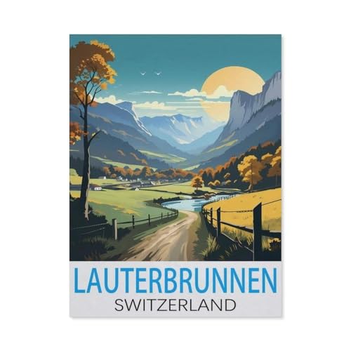 Holz Puzzle 1000 Stück，Lauterbrunnen, Schweiz Vintage-Reiseposter，Erwachsene Kinder Spielzeug Dekompression Spiel（75x50cm）-I12 von GSBRSNTS
