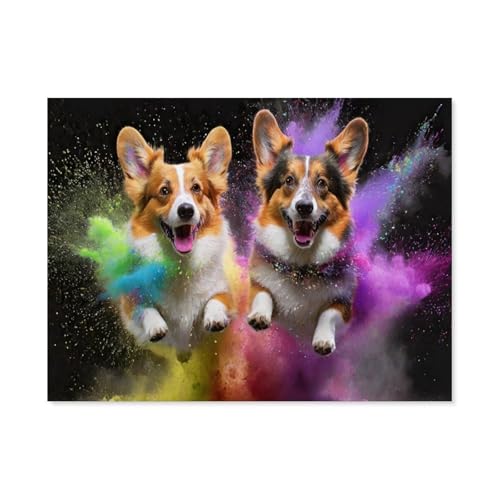 Holz Puzzle 1000 Stück，Zwei Welsh Corgi Pembroke springen in Einer bunten Holi Pulver Farbwolke，Puzzles Lernspielzeug Für Erwachsene Geburtstagsgeschenk（75x50cm）-AH13 von GSBRSNTS