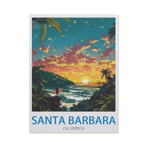 Holz Puzzle Puzzle 1000 Stück，Santa Barbara, Kalifornien – Vintage Reiseplakate für Surfen，Puzzles Lernspielzeug Für Erwachsene Geburtstagsgeschenk Home Decoration（75x50cm）-O21 von GSBRSNTS