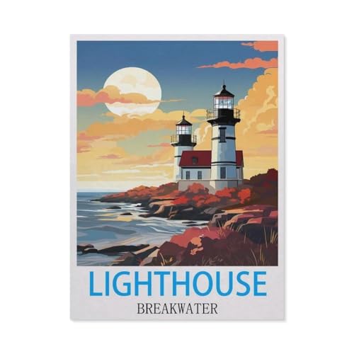 Leuchtturm-Breakwater Vintage-Reiseplakat，Papier Puzzle 1000 Teile Spielzeug Für Erwachsene Dekompressionsspiel（38x26cm）-N84 von GSBRSNTS
