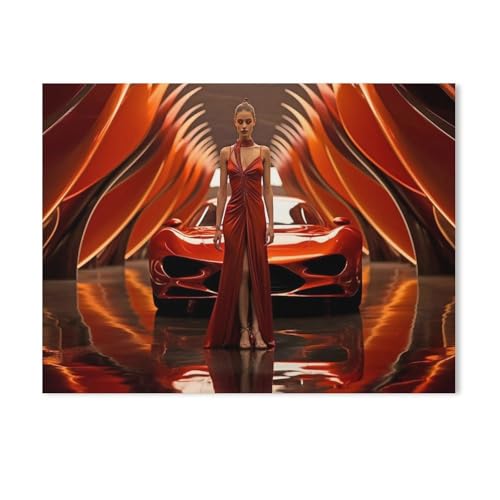 Modernes Concept Design Auto in Rot mit junger Frau，Puzzle 1000 Teile Holz Puzzle Geeignet Für Erwachsene Kinder Familien Stressabbau Puzzlespiele（75x50cm）-AG16 von GSBRSNTS