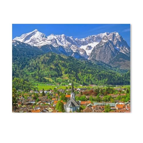 Papierpuzzle Puzzle 1000 Stück，Blick auf Partenkirchen mit Pfarrkirche Maria-Himmelfahrt und Wettersteingebirge，Lernspielzeug Für Erwachsene Geburtstagsgeschenk Dekoration（38x26cm）-AD67 von GSBRSNTS