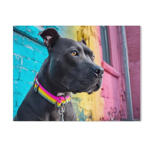Pit Bull mit Buntem Halsband，Puzzle 1000 Teile Holz Puzzle Geeignet Für Erwachsene Kinder Familien Stressabbau Puzzlespiele（75x50cm）-Y10 von GSBRSNTS