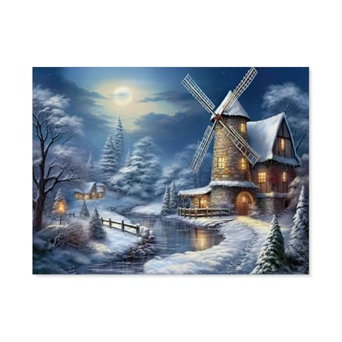 Puzzel Für Erwachsene Jigsaw Puzzle 1000，Winterlandschaft mit Windmühle，DIY Holz Puzzle Einzigartiges Geschenk Wohnkultur Stil（75x50cm）-AH31 von GSBRSNTS