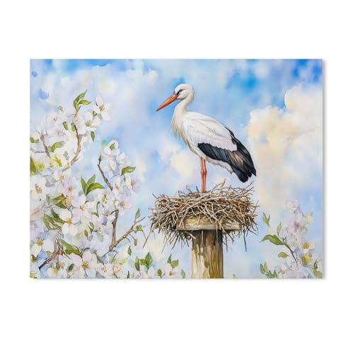 Puzzle，Weißstorch auf dem Horst im Frühling (Aquarellmalerei)，Für Kinder Und Erwachsene Holz Personalisiertes Puzzle-Spaß-Spiel 1000pcs（75x50cm）-Z12 von GSBRSNTS