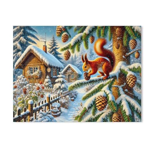 Puzzle 1000 Stück，Eichhörnchen Holt Sich die Zapfen am Tannenbaum im Winter，Papier Kinderspielzeug Dekompression Spiel（38x26cm）-AD36 von GSBRSNTS