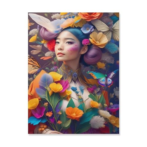 Puzzle 1000 Stück，Fantasiefrau inmitten bunten Blumen und Schmetterlingen，Papier Kinderspielzeug Dekompression Spiel（50x70cm）-AH4 von GSBRSNTS