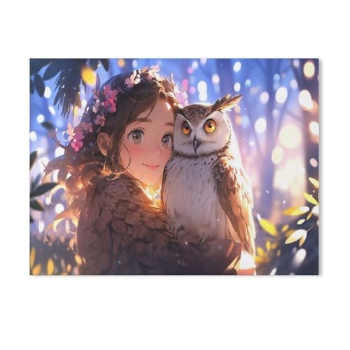 Puzzle 1000 Teile，Mädchen mit Eule Uhu，Holz Adult Toys Dekompressionsspiel（75x50cm）-AG41 von GSBRSNTS