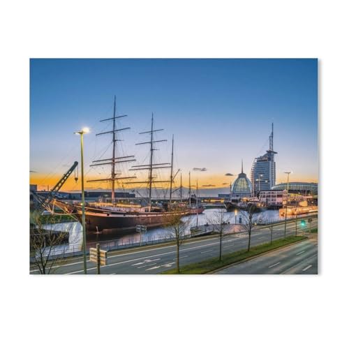 Puzzle 1000 Teile，Sonnenuntergang hinter den Bremerhavener Havenwelten，DIY Handwerk Geschenk（75x50cm）-AA79 von GSBRSNTS