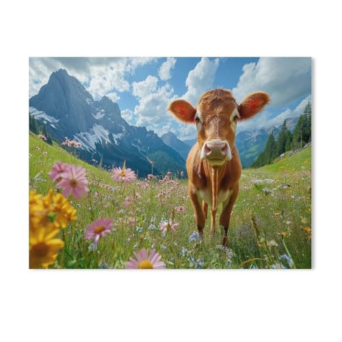 Puzzle 1000 Teile Papier，Kuh auf blühender Almwiese im Allgäu，Dekompression Der Erwachsenen，Kinderpuzzle Spiele Ab 8 Jahren, Spielzeug Für Mädchen Jungen Teenager（38x26cm）-Z35 von GSBRSNTS