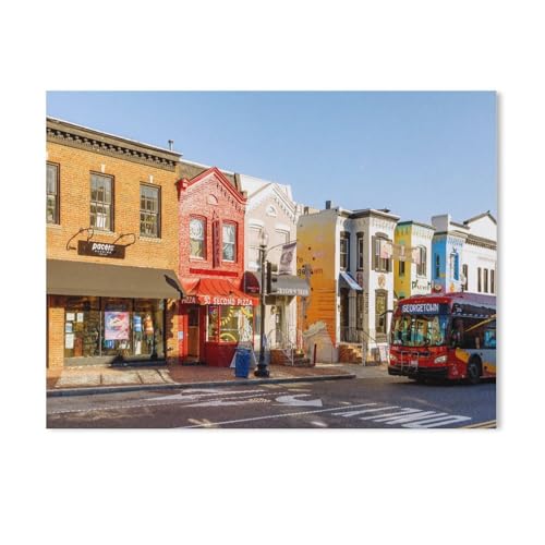 Puzzle 1000 Teile für Erwachsene，Bunte Häuser und Bus in der Wisconsin Street – Georgetown, Washington, D.C.，Puzzle DIY Moderne Wohnkultur Einzigartiges Geschenk Intellektuelles Spiel（38x26cm）-Y70 von GSBRSNTS