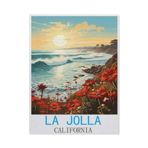 Puzzles 1000 Stück Holz Montage Bild，La Jolla Kalifornien Vintage-Reiseplakate，Erwachsene Spiele Lernspielzeug（75x50cm）-N100 von GSBRSNTS