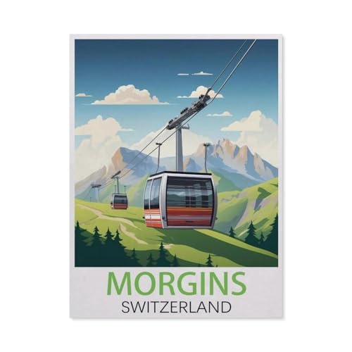 Puzzles 1000 Stück Holz Montage Bild，Morgins, Schweiz Vintage-Reiseposter，Erwachsene Spiele Lernspielzeug（75x50cm）-I86 von GSBRSNTS