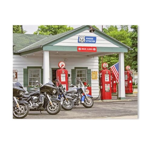 Puzzles 1000 Stück Holz Montage Bild，Motorräder an der Route 66, USA，Erwachsene Spiele Lernspielzeug（75x50cm）-AE12 von GSBRSNTS
