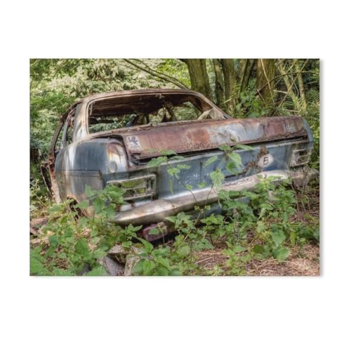 Puzzles 1000 Stück Holz Montage Bild，Oldtimer, der Rost nagt an ihnen und langsam Werden sie von der Natur erobert，Filmplakat Für Erwachsene Spiele Lernspielzeug（75x50cm）-AD41 von GSBRSNTS