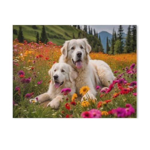 Pyrenäen-Berghund mit Welpe，1000 Stück Erwachsene Holz Landschaft Puzzles Für Kinder Lernspielzeug Geschenke（75x50cm）-AA35 von GSBRSNTS