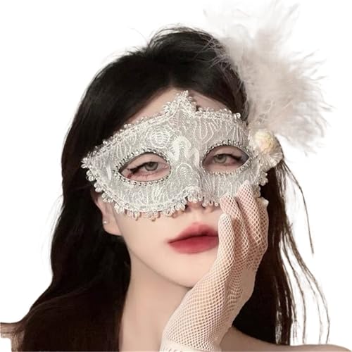 Feder Halbe Gesicht Maske Frauen Spitze Blume Hochzeit Party Leistung Kostüm Maskerade(White) von GSCLZ