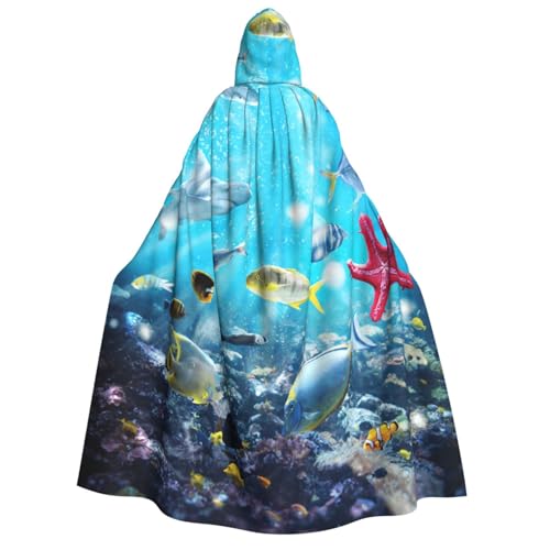 GSGCSBYMLG Bunter 3D-Umhang mit Kapuze für Erwachsene, Motiv: Landschaft des Meeres unter Wasser tropischer Fische, Unisex, langer Umhang von GSGCSBYMLG