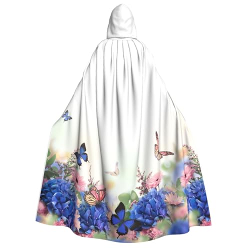 GSGCSBYMLG Kapuzenumhang mit Hortensien, Gänseblümchen, Schmetterlingen, bedruckt, Unisex, Erwachsene, langer Umhang von GSGCSBYMLG