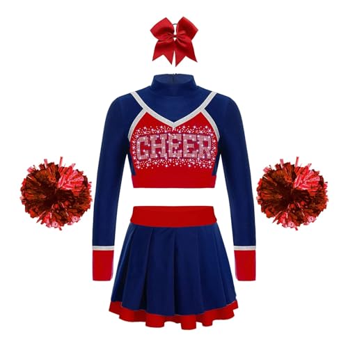 GSJNHY Cheerleading Uniformen Kinder Cheerleader Kostüme Schulmädchen Cheerleading Uniformen Sets Kinder Jubel Team Cheer Dance Outfits Teens Dancewear (Color : A Deep Blue, Size : 6) von GSJNHY