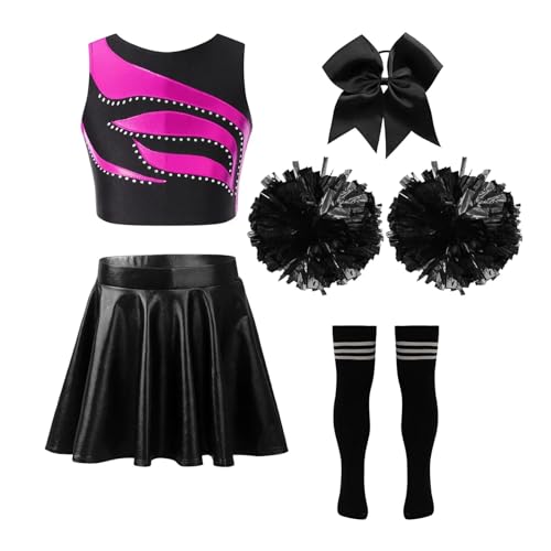 GSJNHY Cheerleading Uniformen Kinder Mädchen Cheerleading Outfits Cheerleader Uniform Ärmelloses Patchwork Crop Top Metallic Rock Kopfbedeckung Hand Blumen Socken (Color : A Hot Pink Black, Size : 8) von GSJNHY