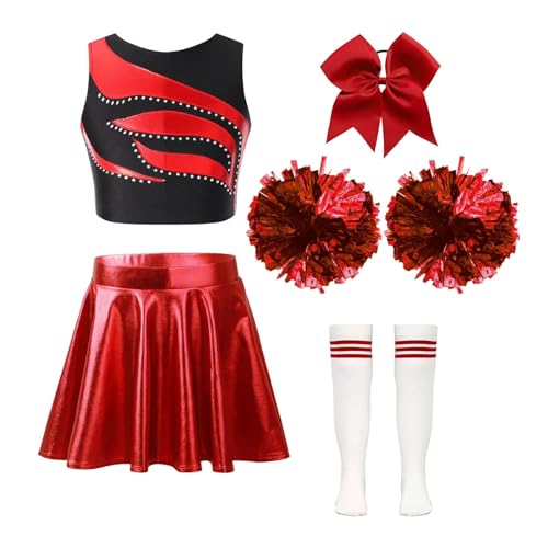 GSJNHY Cheerleading Uniformen Kinder Mädchen Cheerleading Outfits Cheerleader Uniform Ärmelloses Patchwork Crop Top Metallic Rock Kopfbedeckung Hand Blumen Socken (Color : A Red, Size : 10) von GSJNHY
