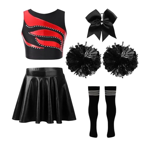 GSJNHY Cheerleading Uniformen Kinder Mädchen Cheerleading Outfits Cheerleader Uniform Ärmelloses Patchwork Crop Top Metallic Rock Kopfbedeckung Hand Blumen Socken (Color : A Red Black, Size : 10) von GSJNHY
