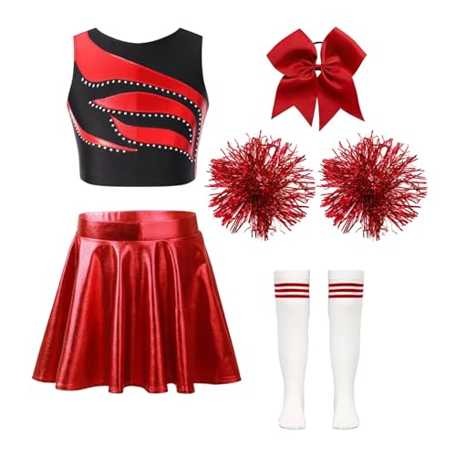 GSJNHY Cheerleading Uniformen Kinder Mädchen Cheerleading Outfits Cheerleader Uniform Ärmelloses Patchwork Crop Top Metallic Rock Kopfbedeckung Hand Blumen Socken (Color : B Red White, Size : 10) von GSJNHY