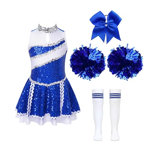 GSJNHY Cheerleading Uniformen Kinder Schule Mädchen Cheerleader Uniformen Kinder Cheerleading Tanz Outfits Kostüm Crop Top Rock Socken Kleidung Sets Dancewear (Color : A Blue, Size : 14) von GSJNHY