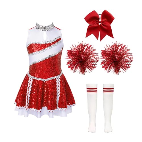 GSJNHY Cheerleading Uniformen Kinder Schule Mädchen Cheerleader Uniformen Kinder Cheerleading Tanz Outfits Kostüm Crop Top Rock Socken Kleidung Sets Dancewear (Color : B Red, Size : 12) von GSJNHY