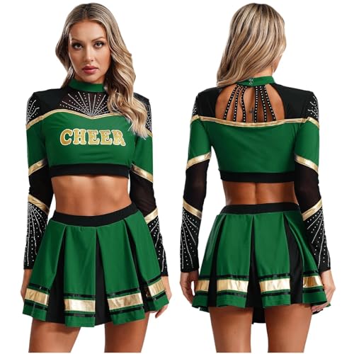 Cheerleader Kostüm Damen Für Erwachsene 2-teiliges Cheerleading-Kostüm for Damen, Cheerleader-Tanz-Outfits, langärmelig, Pailletten, bauchfreies Top mit Faltenrock, Set, Cheer-Uniform(Green,XXL) von GSXLZ